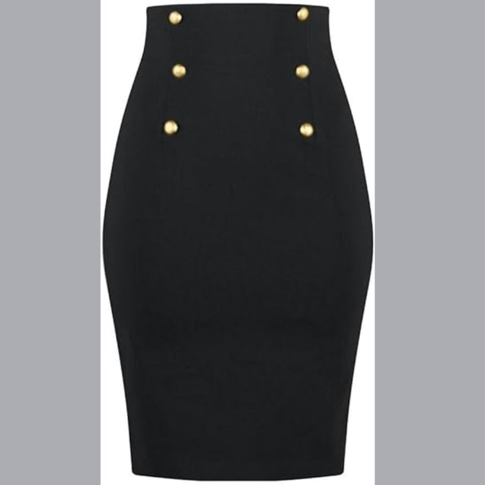 Retro Glam High Waisted Pin Up Pencil Skirt with Gold Sparkly Buttons